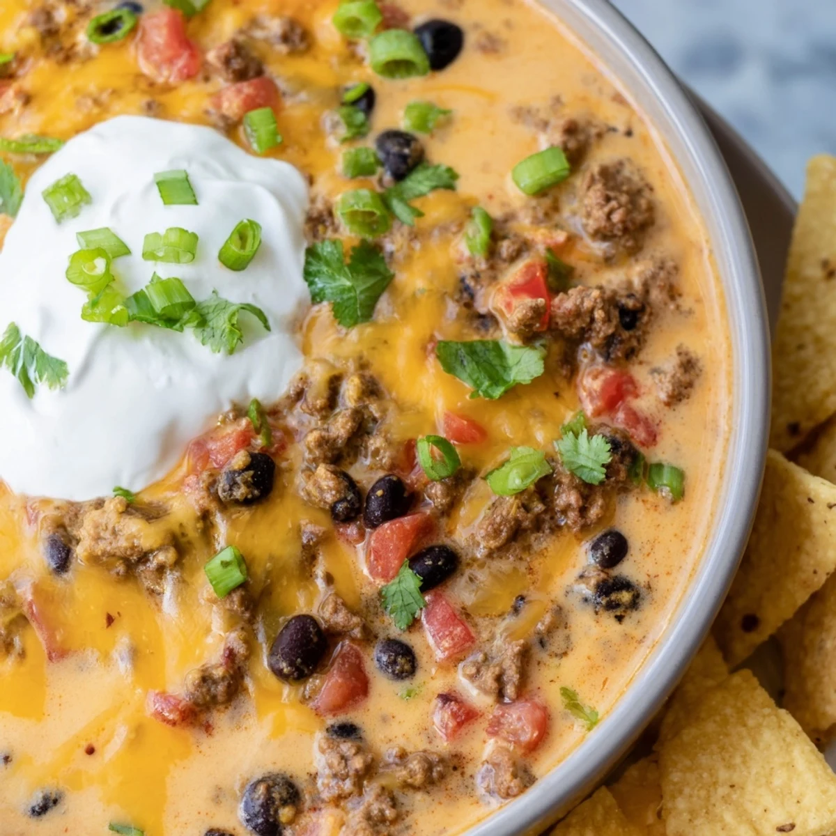 Creamy Super Nachos Dip with melted cheddar cheese and ground beef served in a bowl