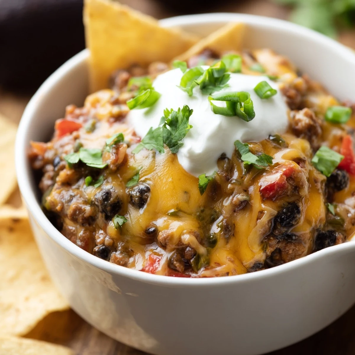 Sizzling skillet of Super Nachos Dip topped with jalapeños fresh cilantro and green onions