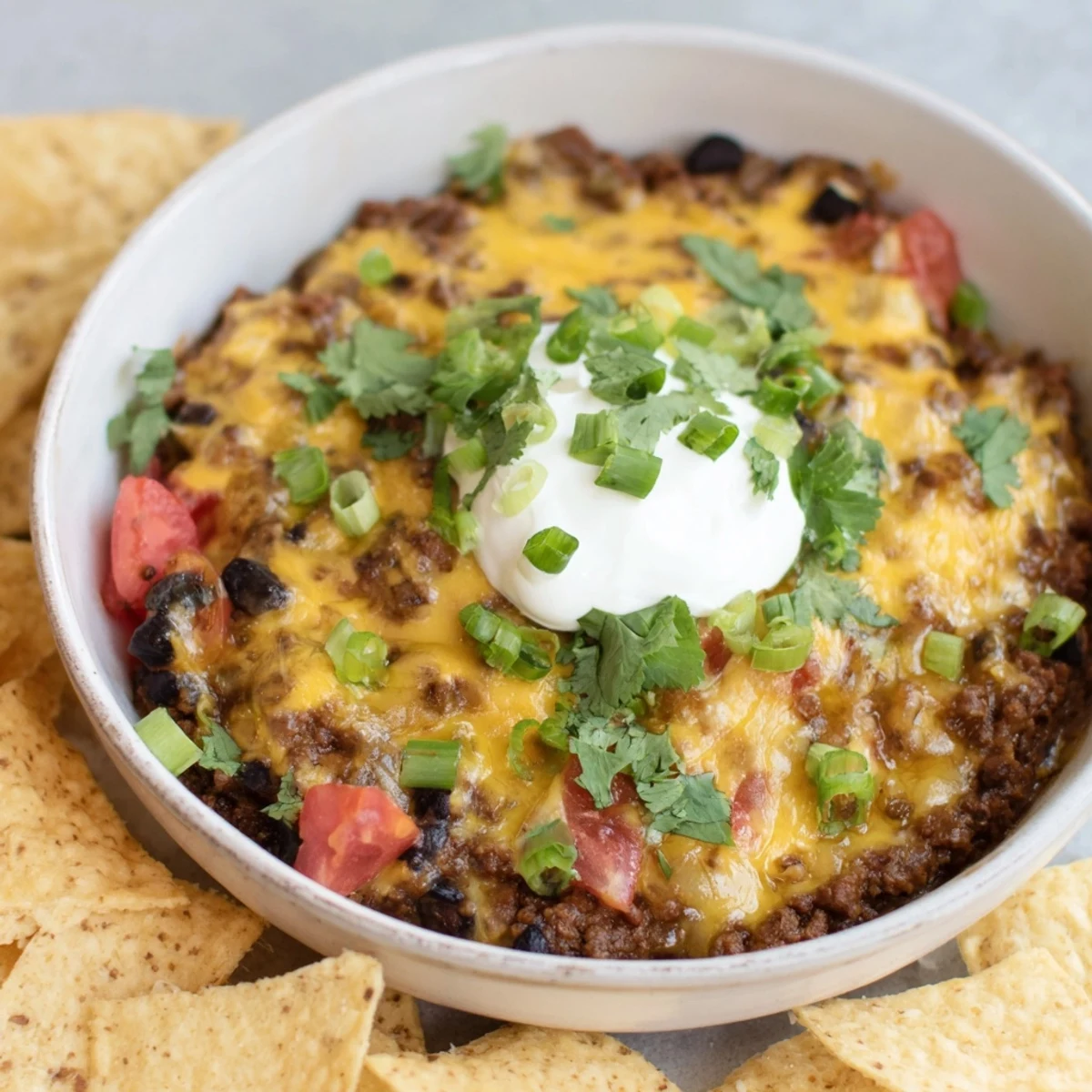 Hot Super Nachos Dip with black beans and Monterey Jack cheese paired with tortilla chips