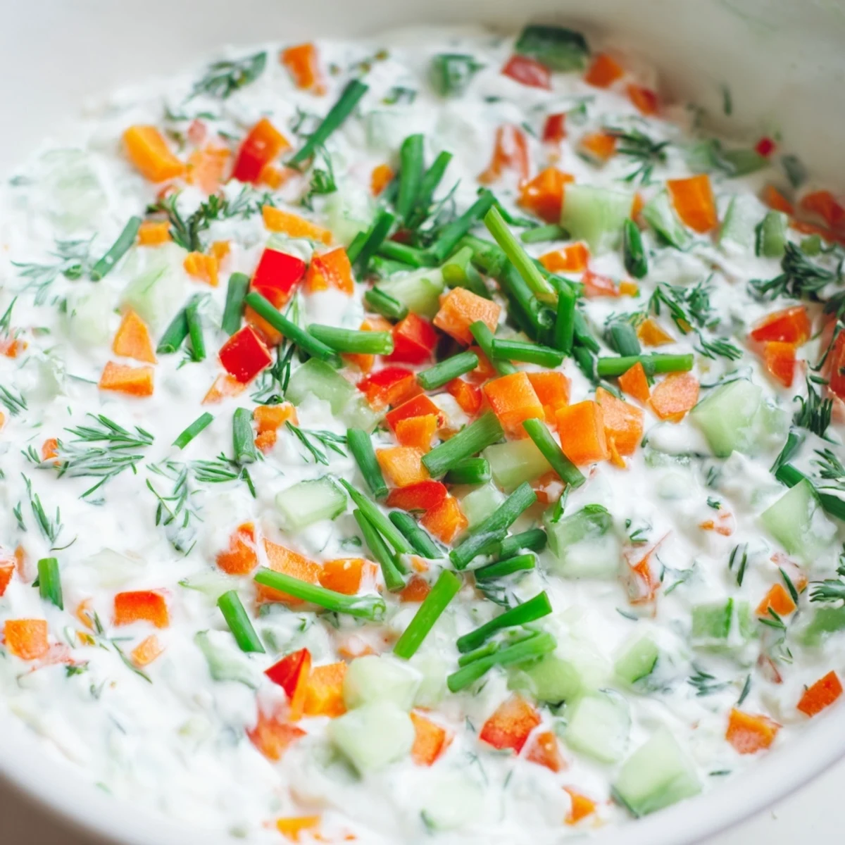 Creamy fresh vegetable spring garden dip with colorful chopped vegetables and herbs served in a white bowl