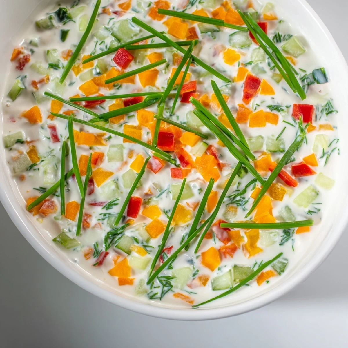 Greek yogurt fresh vegetable spring garden dip appetizer with grated carrot, bell pepper, and chives garnished with parsley