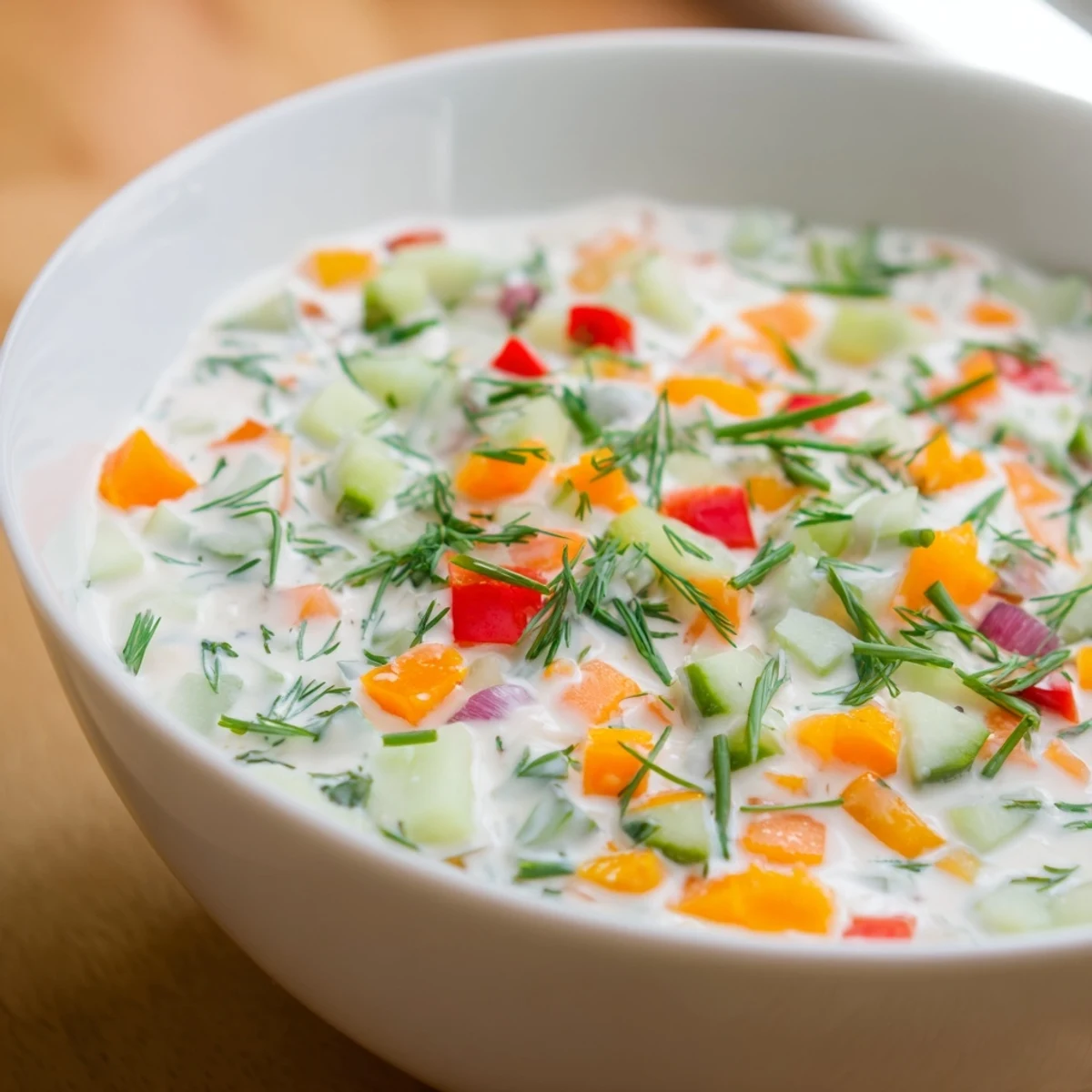Light and refreshing fresh vegetable spring garden dip topped with vibrant diced peppers, cucumber, and fresh green herbs