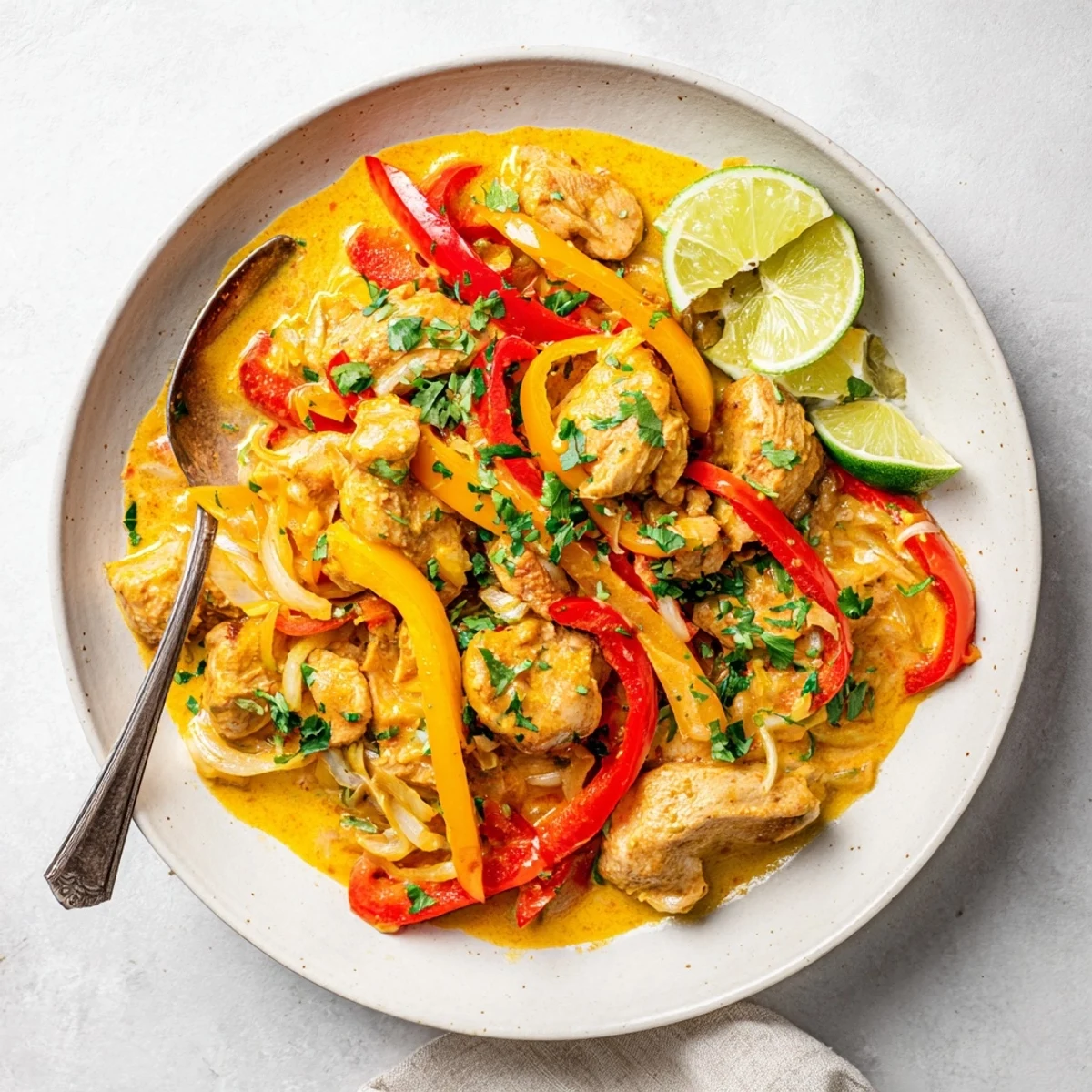 Tender chicken thighs simmered in rich spicy coconut broth garnished with fresh green cilantro and lime