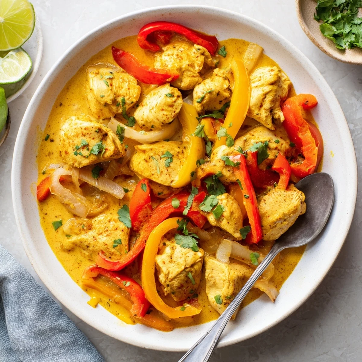Golden Spicy Brazilian Coconut Chicken pieces swimming in creamy white sauce with colorful bell pepper slices