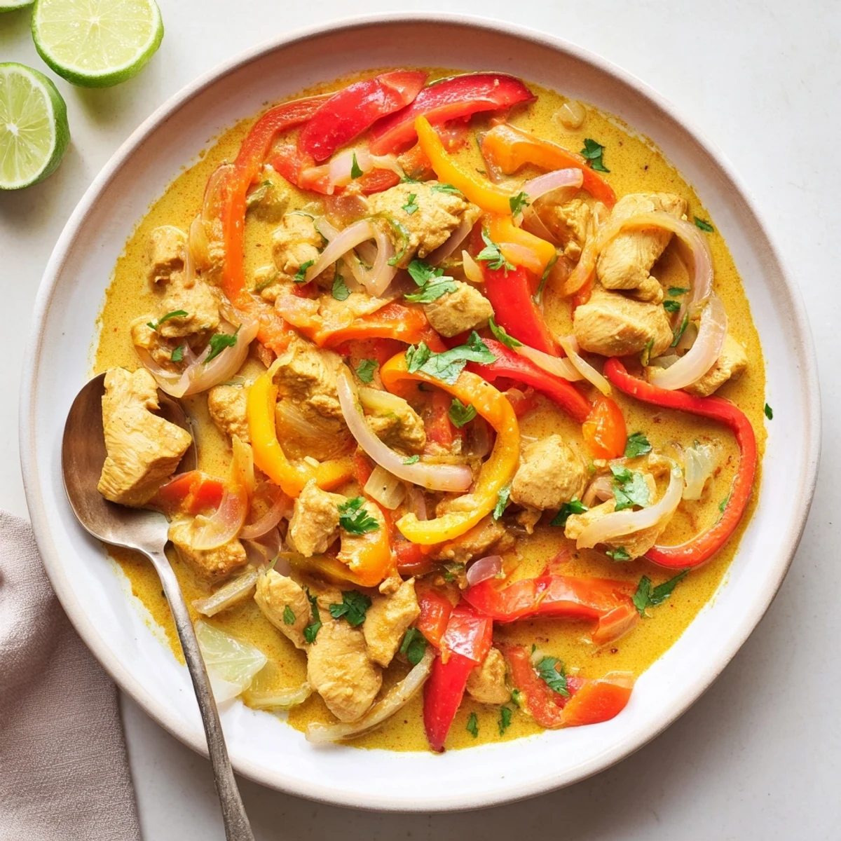 Vibrant Brazilian chicken dish in creamy coconut sauce topped with cilantro served over fluffy white rice