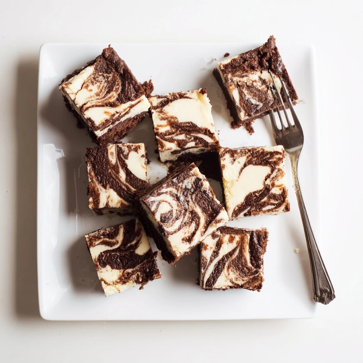 Rich fudgy sourdough cheesecake brownie bars sliced into squares showing chocolate and vanilla layers