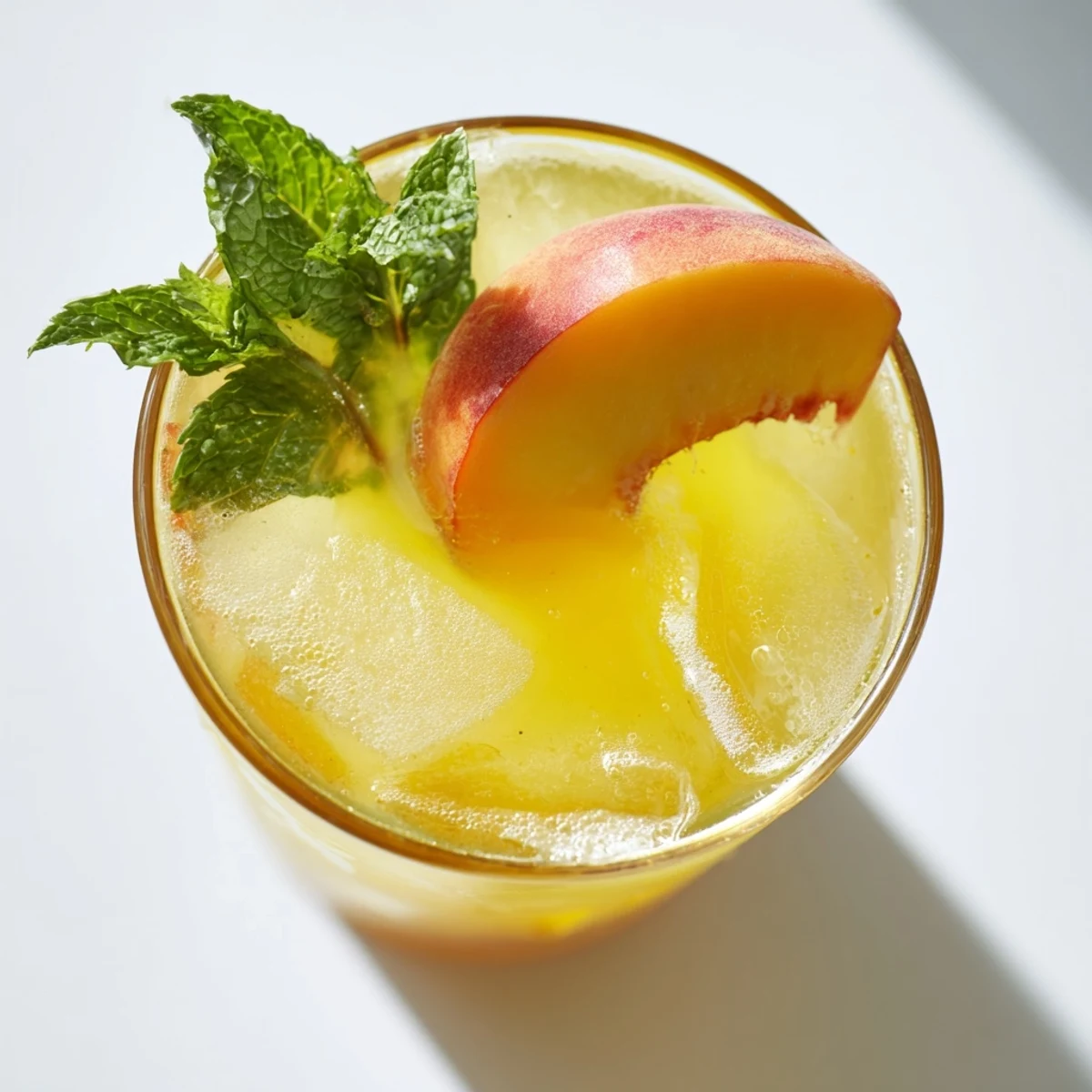 Glasses of vibrant peach lemonade drink over ice with floating lemon wedges