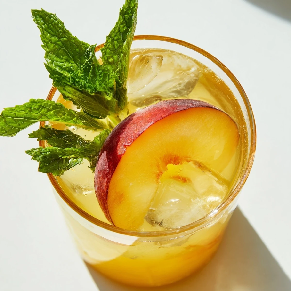 Golden fresh peach lemonade pitcher garnished with mint sprigs and peach slices