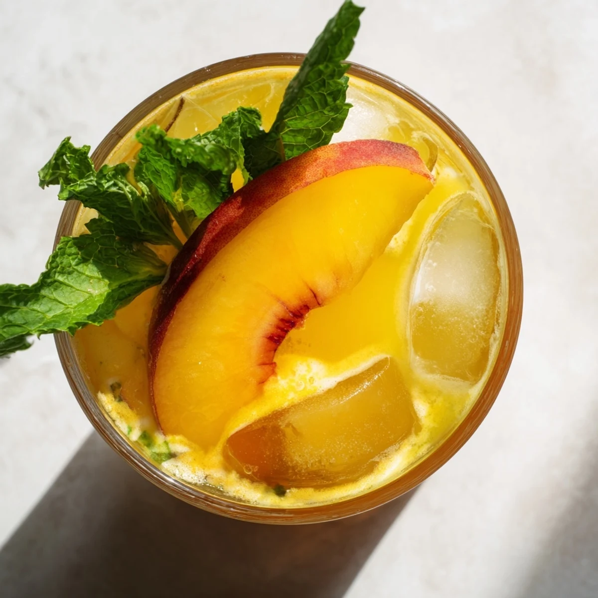 Refreshing peach lemonade summer beverage served in tall glass with fresh fruit garnish