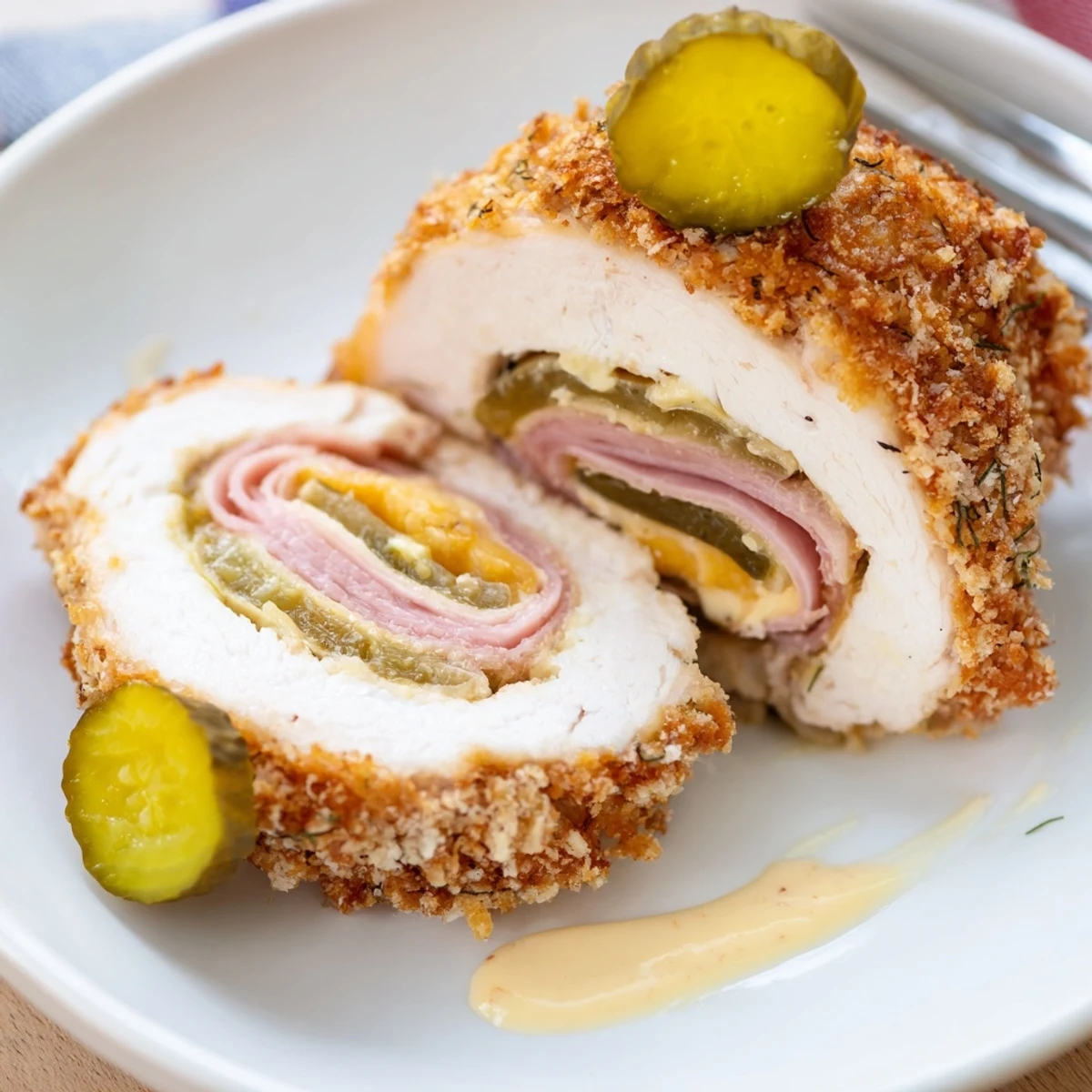 Crispy Pickle Brined Chicken Rolls sliced to show golden crunchy breadcrumb coating