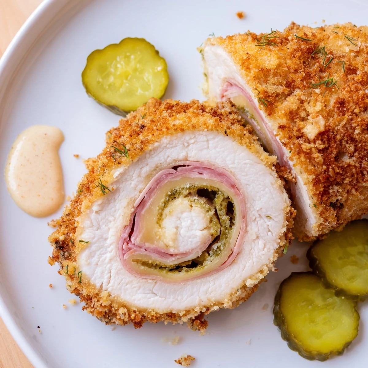 Warm Crispy Pickle Brined Chicken Rolls served with creamy mustard and dill pickles
