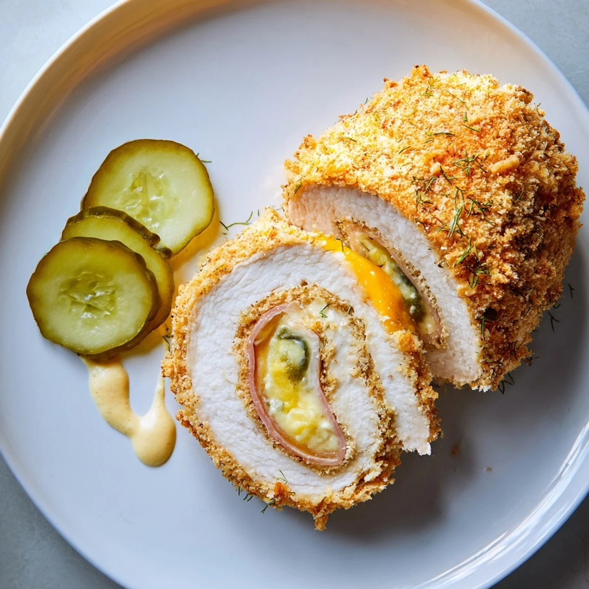 Crispy Pickle Brined Chicken Rolls revealing gooey melted cheese, tender tangy chicken inside