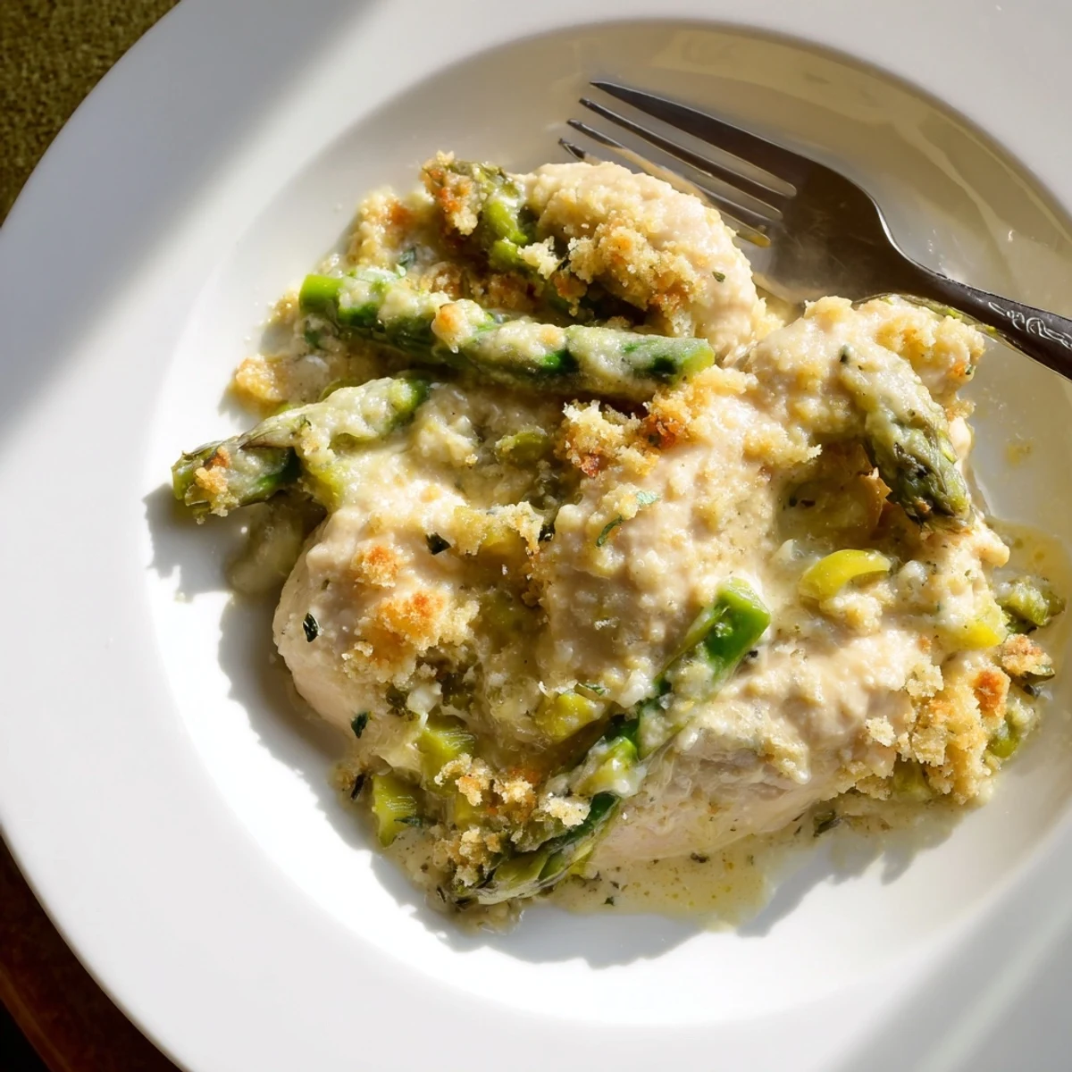 Slice revealing gooey center of Creamy Chicken Asparagus Bake, served with lemon.