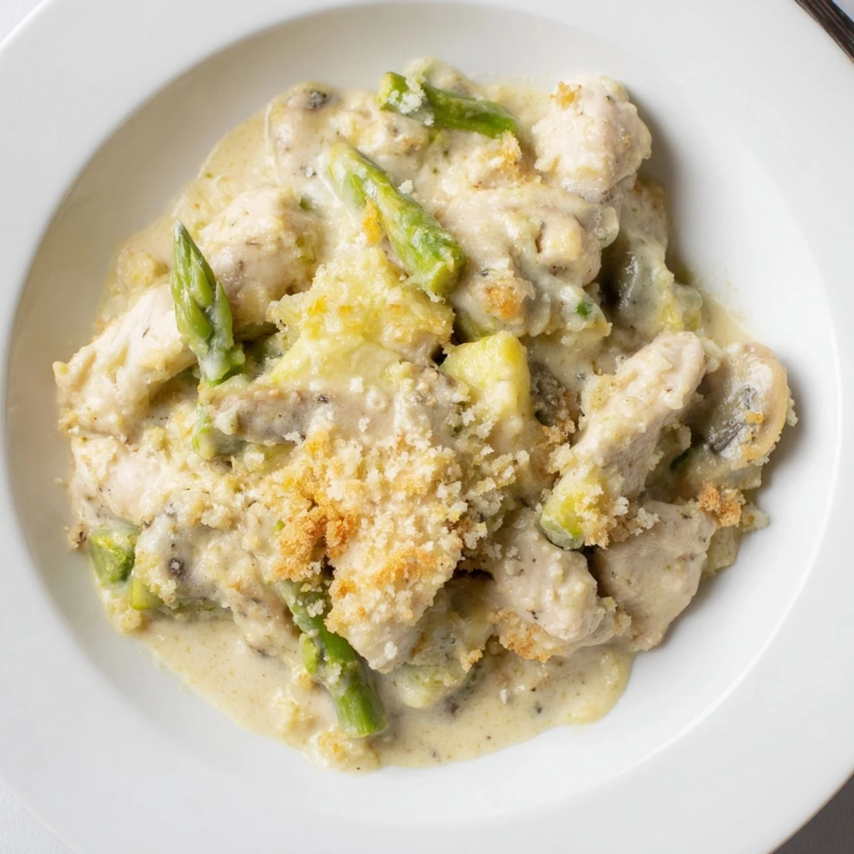 Oven fresh Creamy Chicken Asparagus Bake on a rustic dish, steam rising.