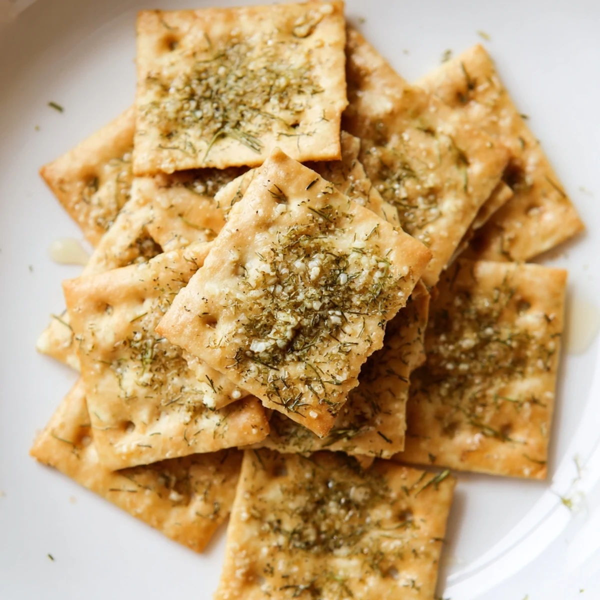 Dill Pickle Saltines piled on parchment, tangy crunch and savory dill aroma  