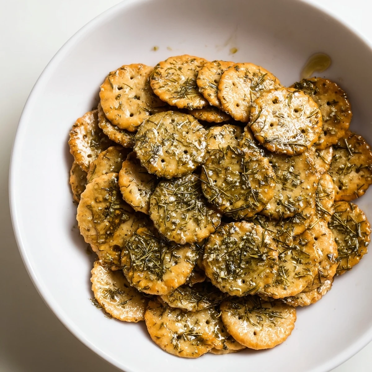 Crispy Dill Pickle Saltines cooling on baking sheet, perfect party snack  