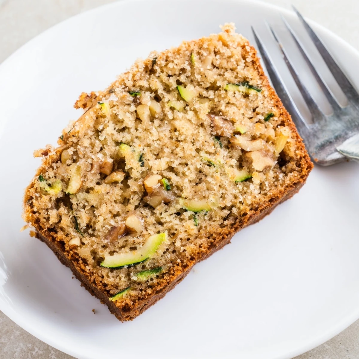 Warm slice of Zucchini Banana Bread showing moist crumb and cinnamon aroma
