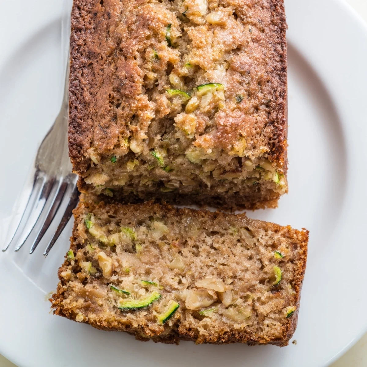 Nut-studded Zucchini Banana Bread served warm with tea, chewy edges