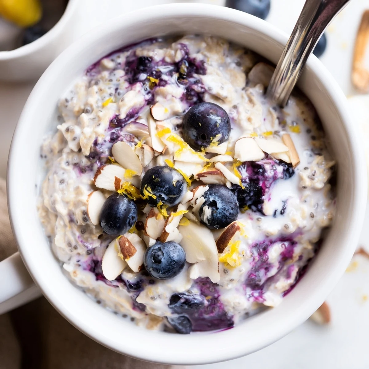 Creamy Blueberry Lemon Overnight Oats chilled in a jar, zesty lemon aroma