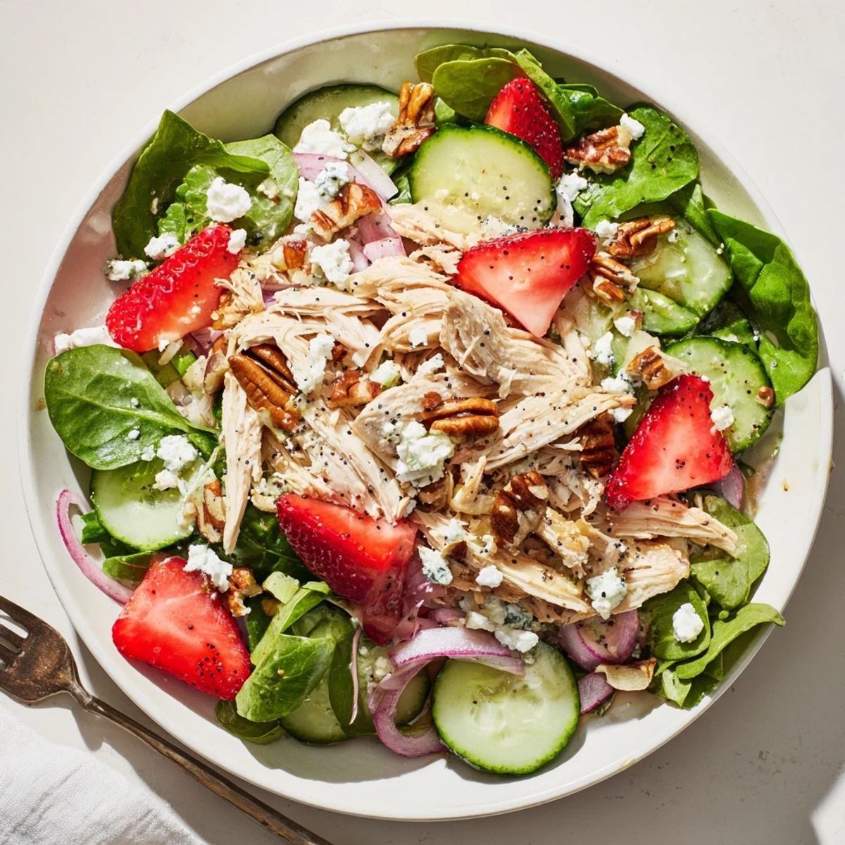 Strawberry Poppy Seed Rotisserie Chicken Salad piled with juicy strawberries and crunchy pecans.