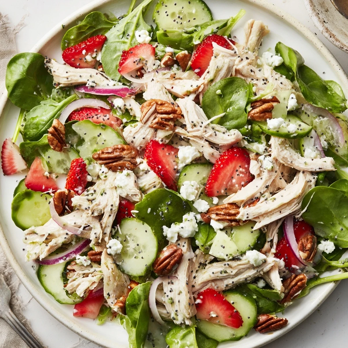 Light summer greens tossed with Strawberry Poppy Seed Rotisserie Chicken Salad, topped with feta.