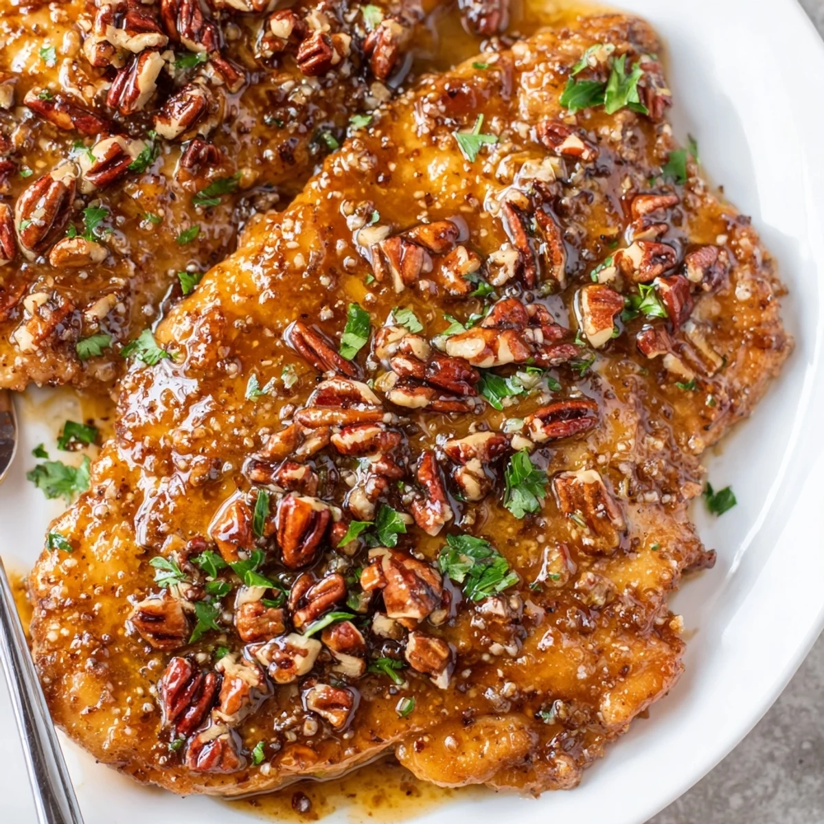 Saucy, sticky skillet dinner with Honey Garlic Pecan Chicken over warm quinoa