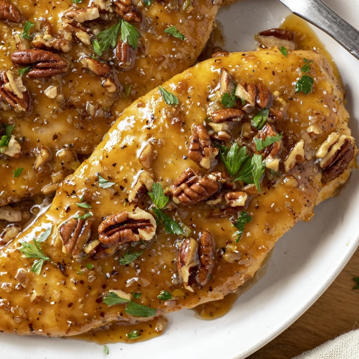 Honey Garlic Pecan Chicken glazed, golden seared breasts topped with toasted pecans