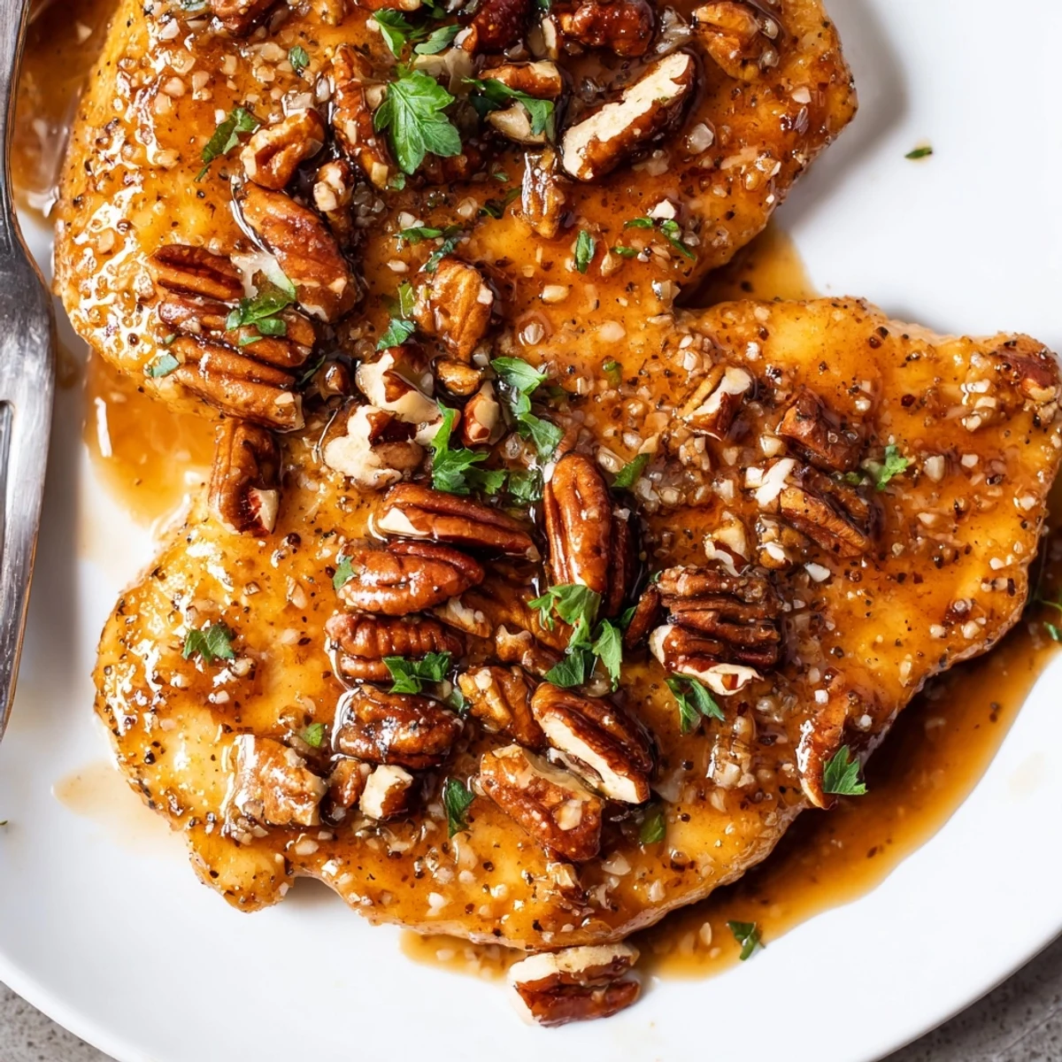 Tender, garlicky Honey Garlic Pecan Chicken spooned with glossy sauce, crunchy pecans