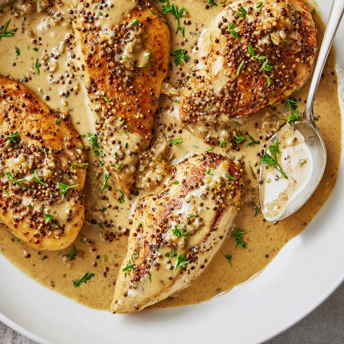 French Mustard Chicken in creamy Dijon sauce, golden seared breasts garnished parsley