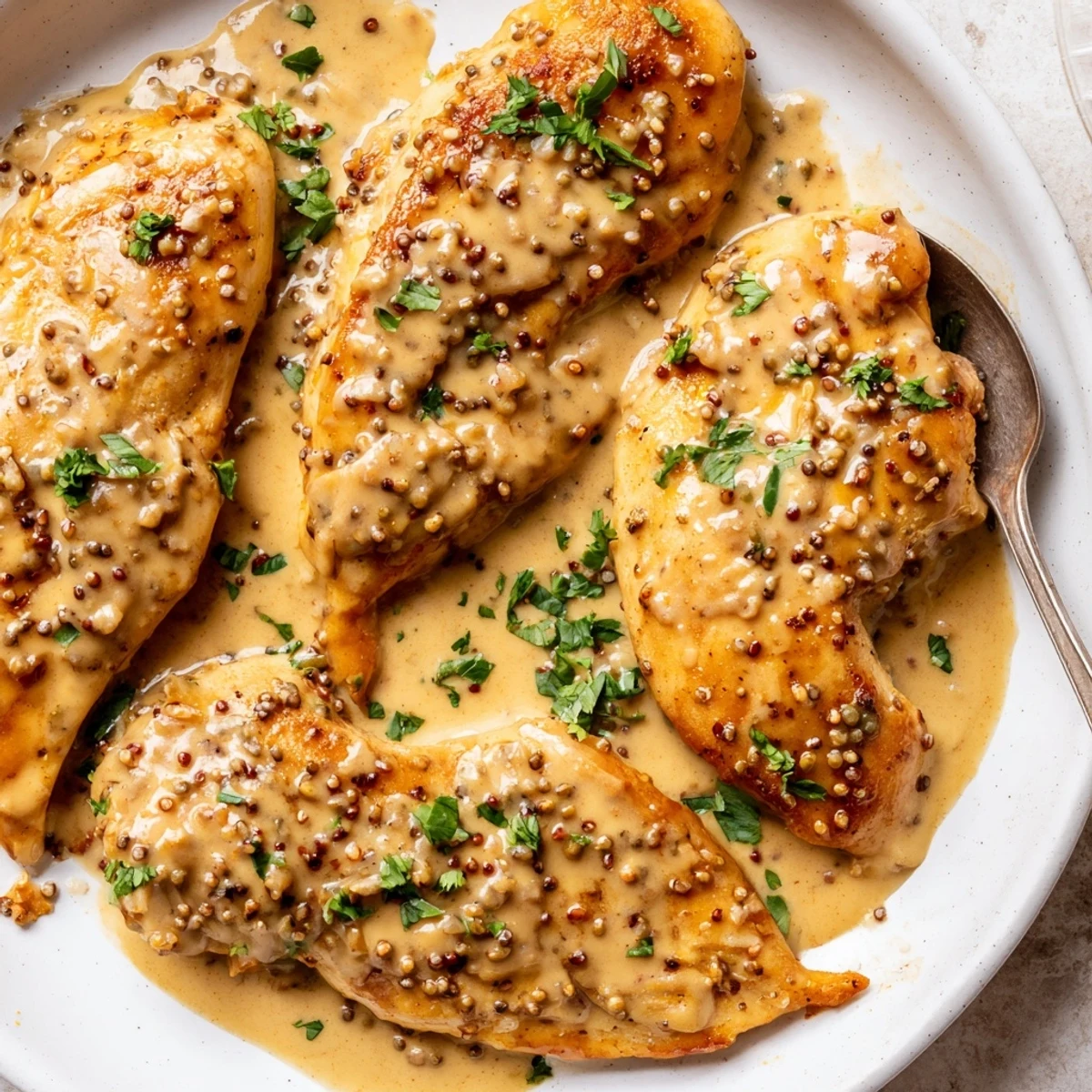 Skillet French Mustard Chicken simmering in fragrant mustard cream, served with bread
