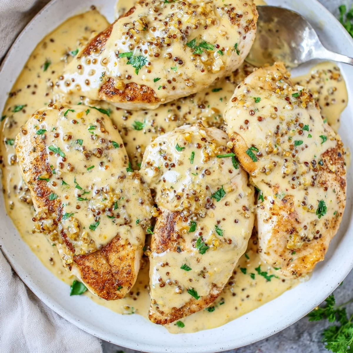 Comforting French Mustard Chicken with tarragon and honey glaze, spoon ready sauce