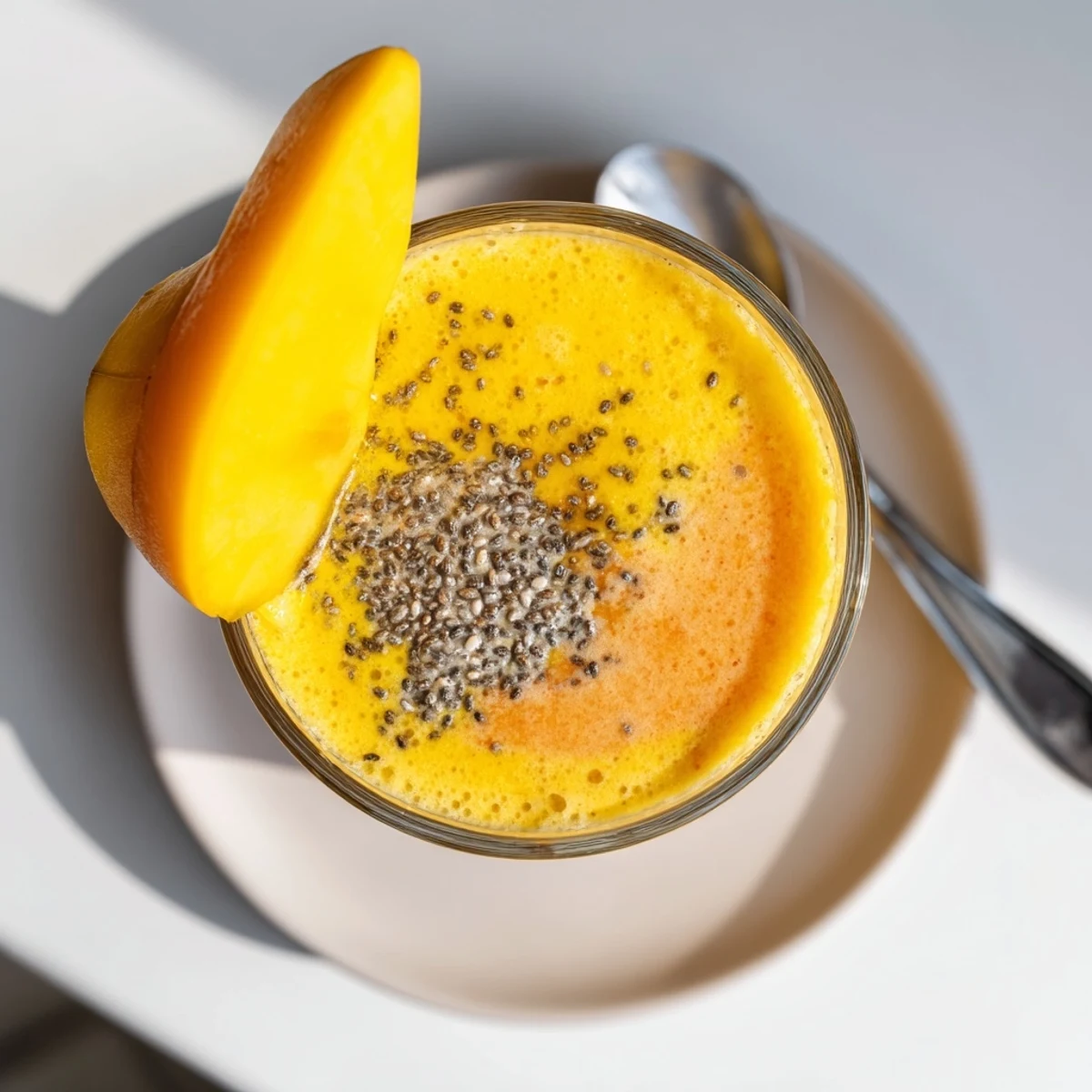 Tropical Sunrise Protein Smoothie poured into a glass with fresh mango slices on the rim