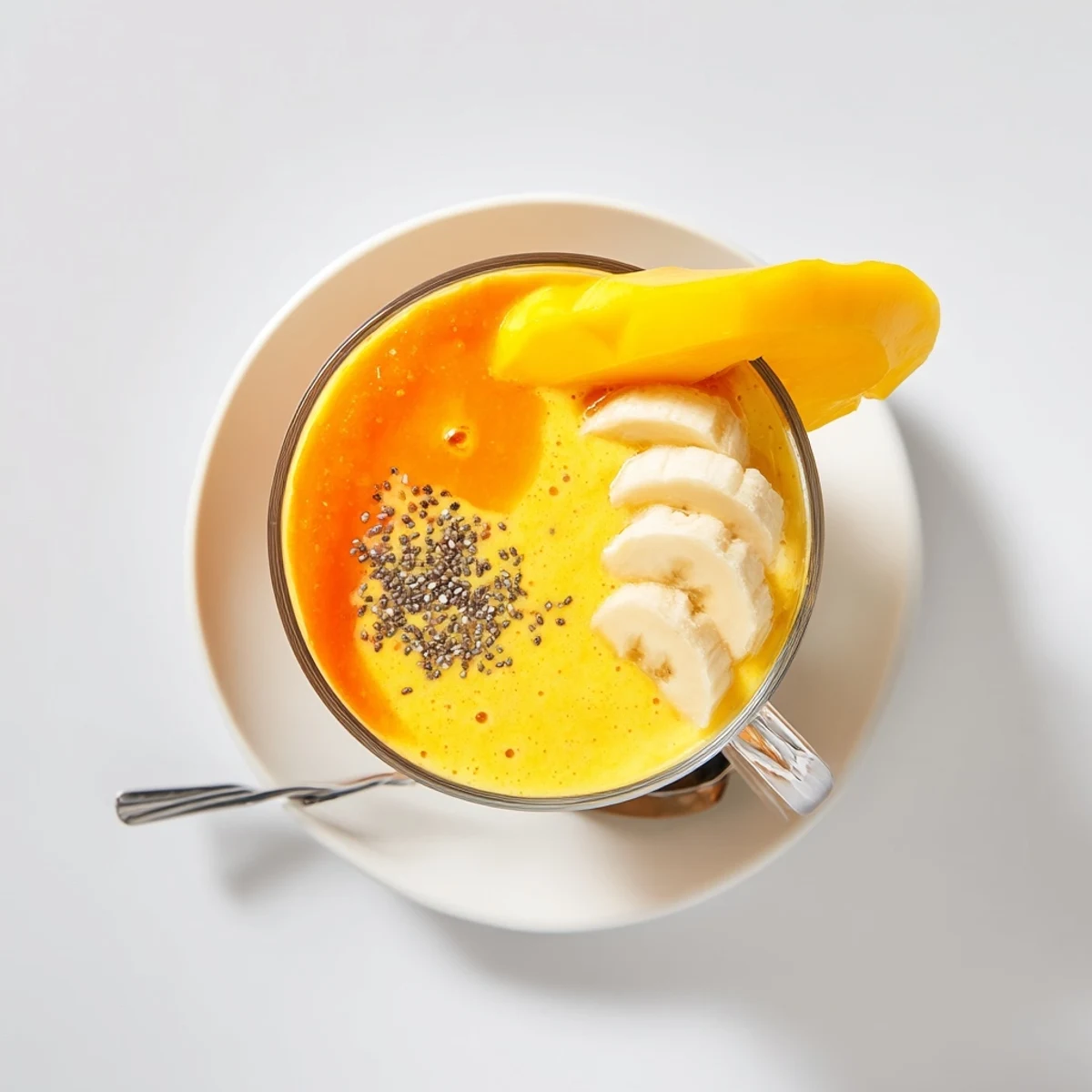 Bright orange creamy smoothie blending mango pineapple and vanilla protein powder in a clear glass
