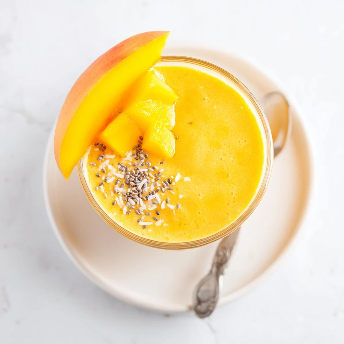 Thick frothy Tropical Sunrise Protein Smoothie garnished with chia seeds and tropical fruit wedges