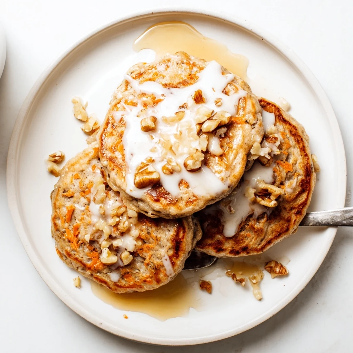 Golden carrot cake pancakes stacked high with grated carrots, walnuts, and warm maple syrup drizzle
