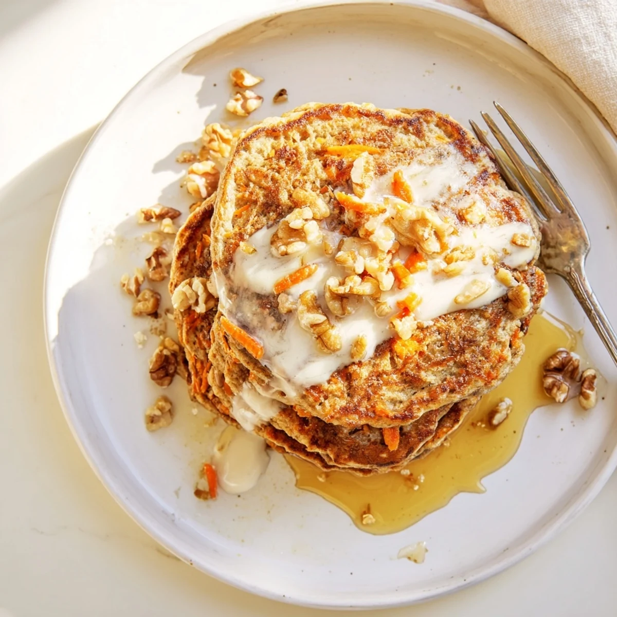 Fluffy spiced breakfast pancakes topped with cream cheese glaze, chopped walnuts, and fresh orange zest
