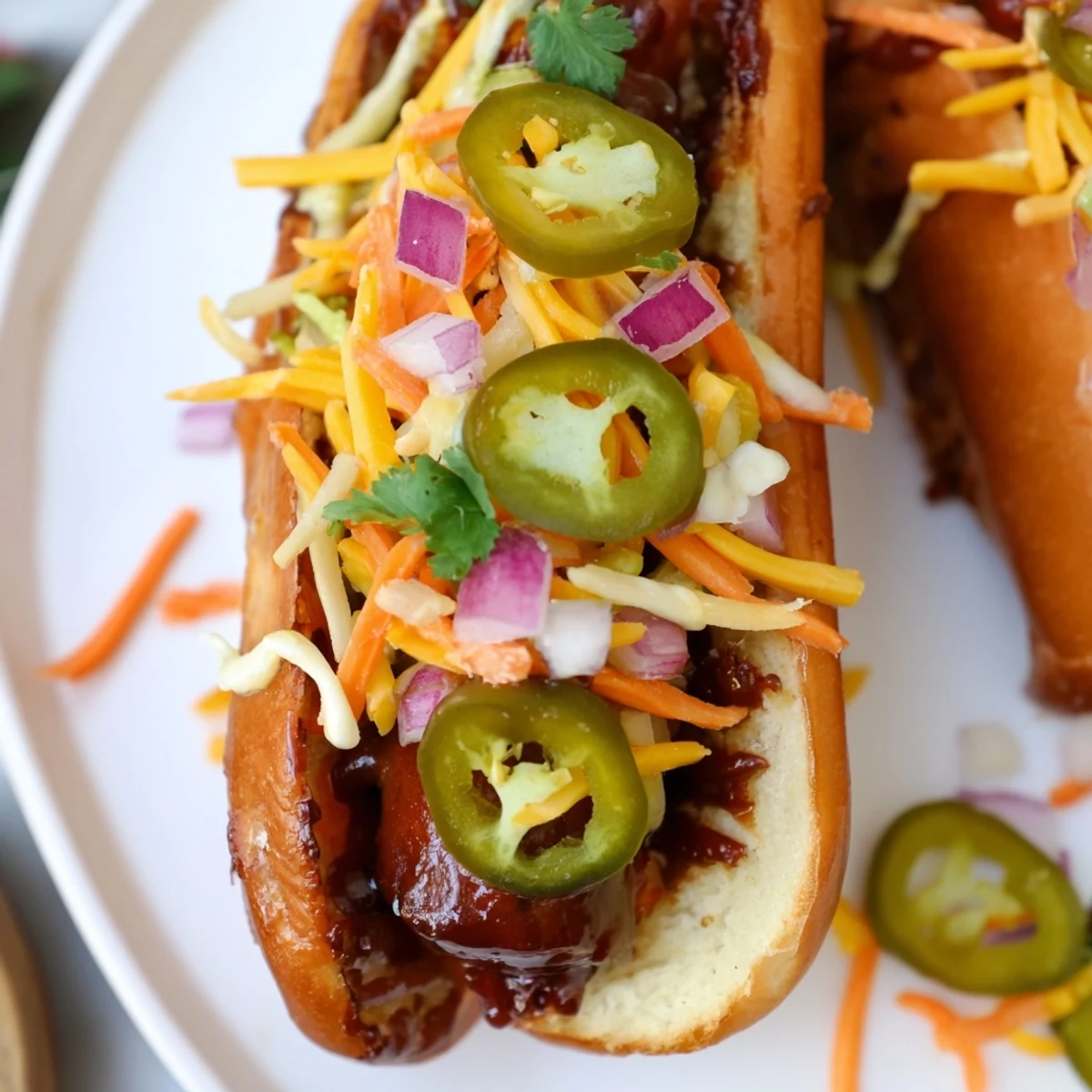 Firecracker hot dogs grilled with cheddar cheese, jalapeños, and fresh vegetable toppings