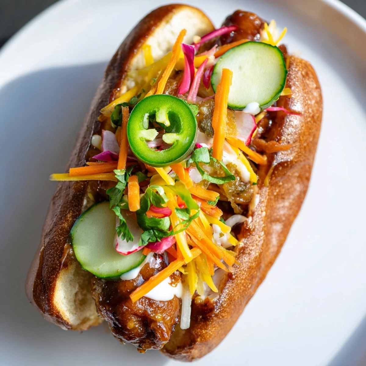 Grilled firecracker hot dogs loaded with crunchy slaw, melted cheese, and pickled peppers