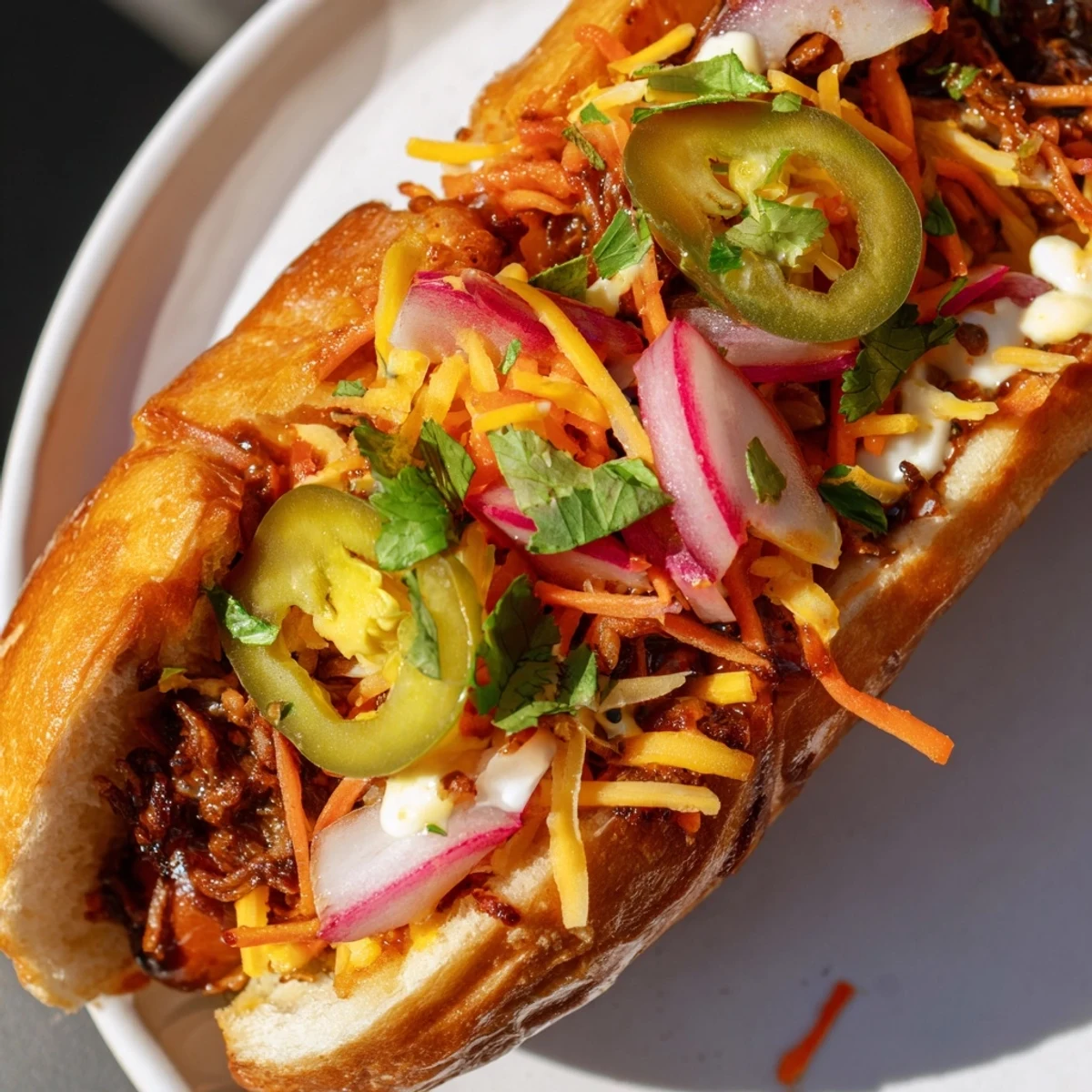 Spicy firecracker hot dogs in toasted buns drizzled with mayonnaise and cilantro