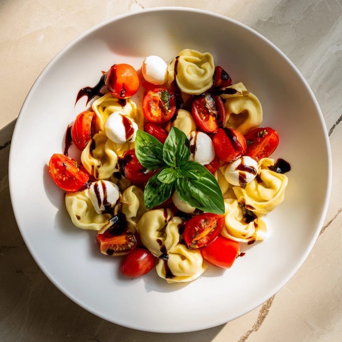 Colorful Tortellini Caprese Salad with cherry tomatoes, fresh mozzarella, and basil in balsamic dressing