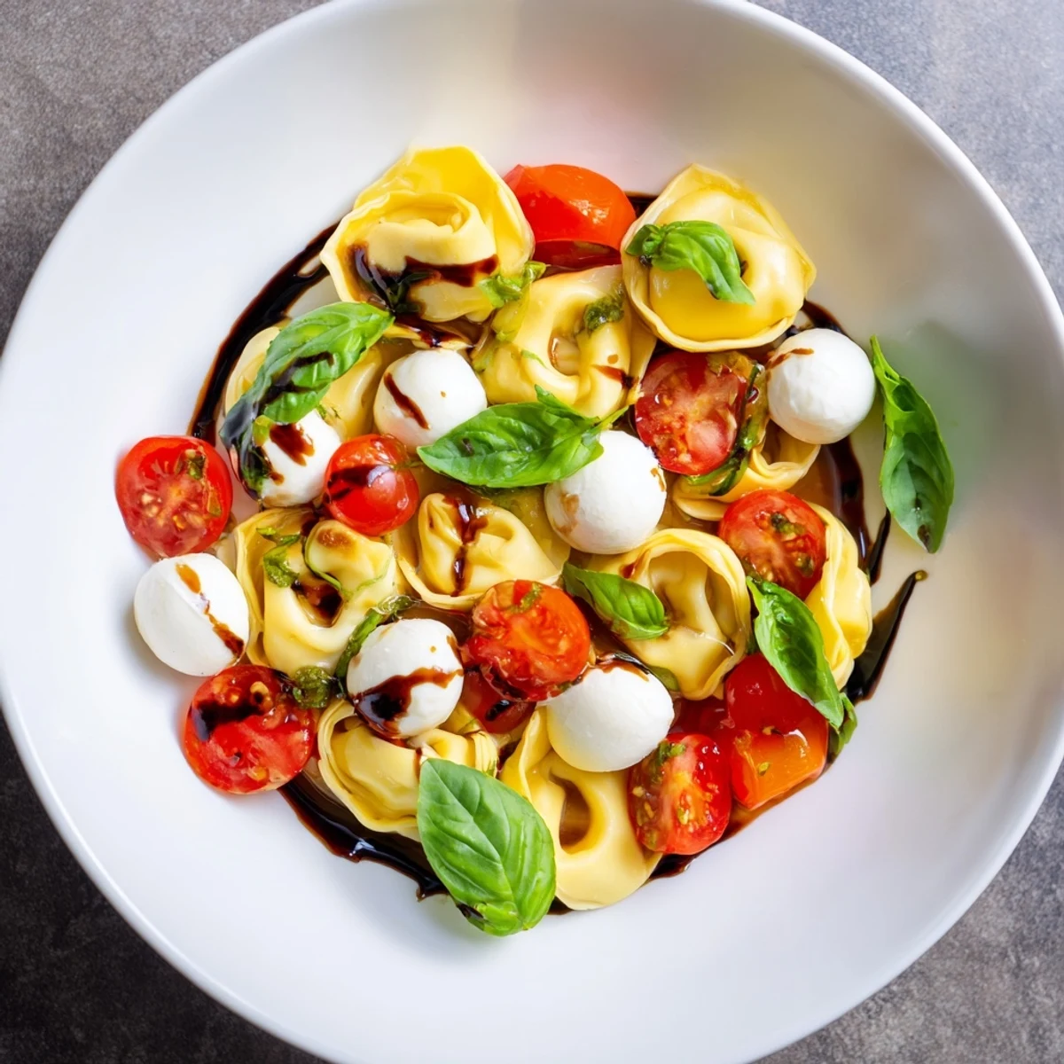 Italian pasta salad featuring cheese tortellini tossed with juicy tomatoes and creamy mozzarella balls