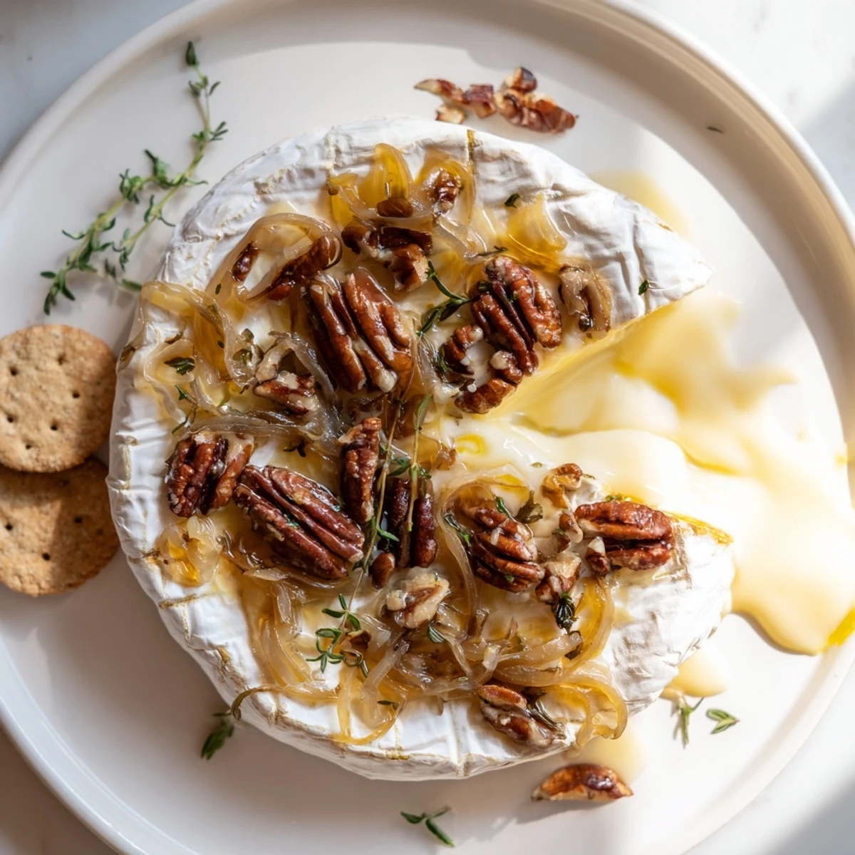 Golden baked brie wheel oozing with sweet caramelized onions and crunchy toasted pecans