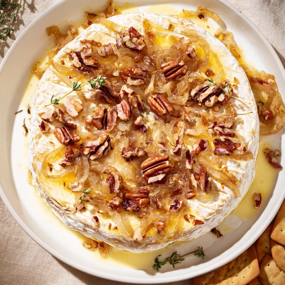Warm wheel of baked brie topped with caramelized onions and pecans on wooden board