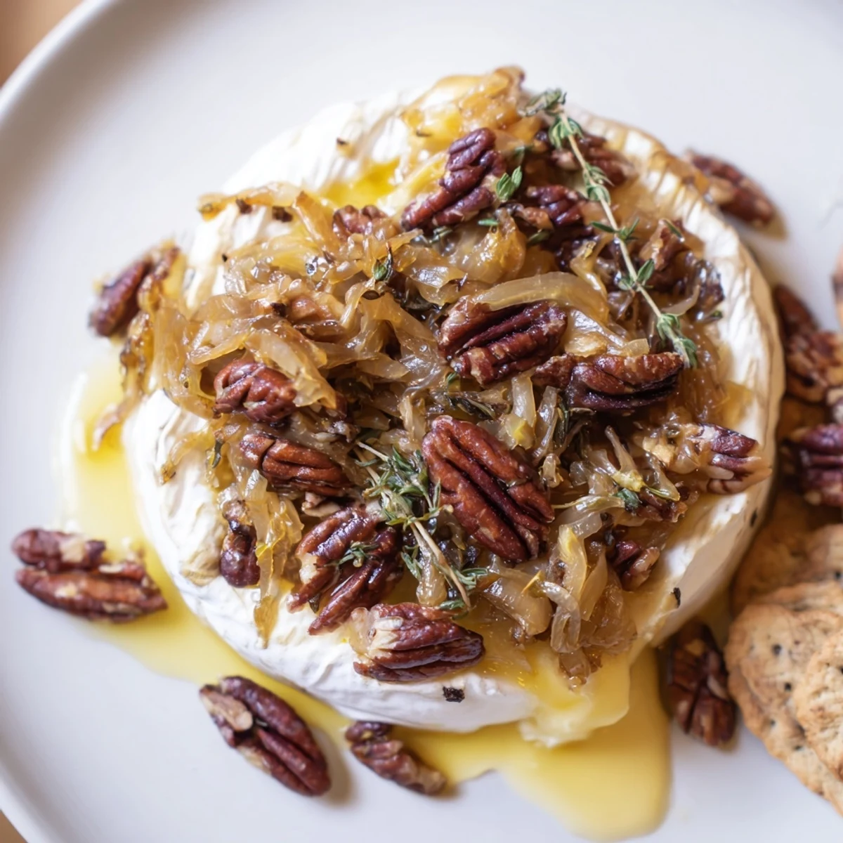 Creamy baked brie appetizer melted with golden onions and crisp pecans for entertaining