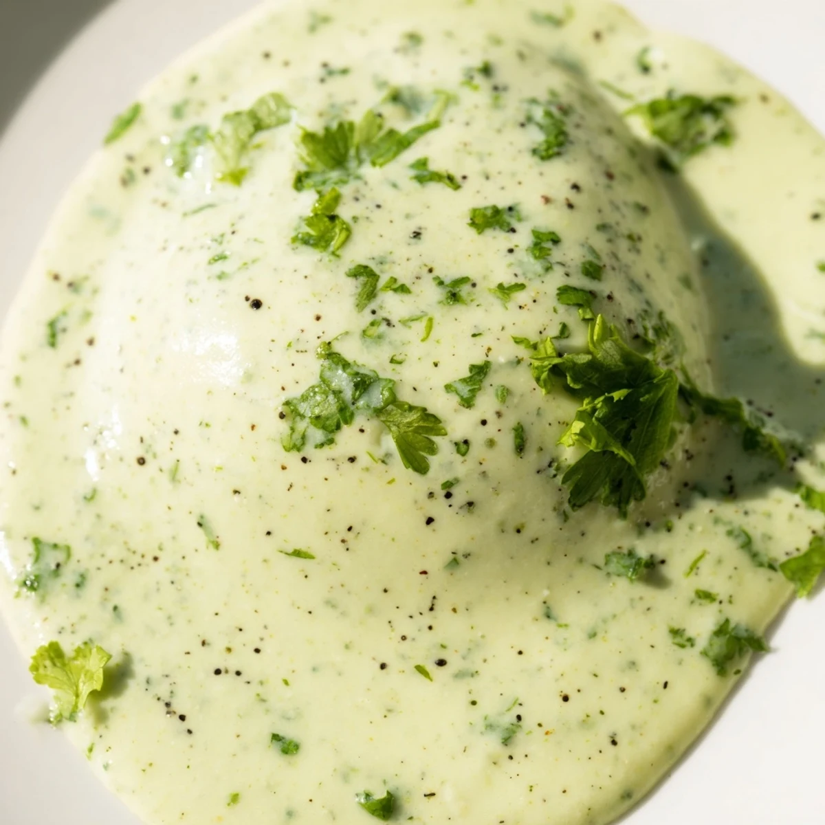Smooth creamy cilantro lime sauce topped with freshly chopped cilantro leaves on a wooden board