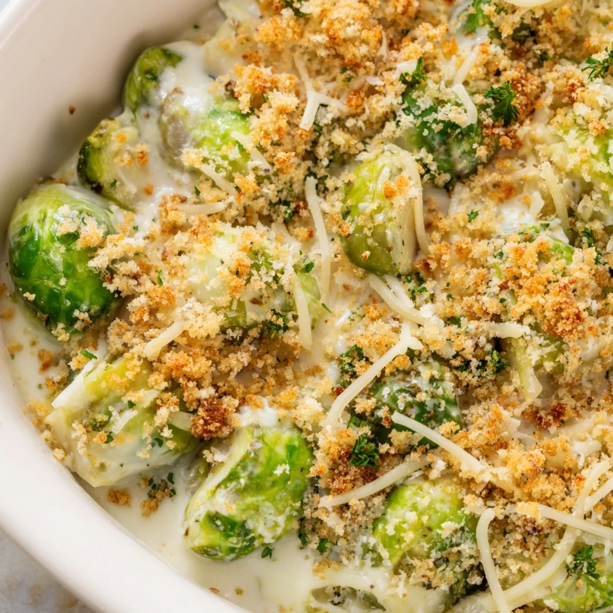 Bubbling hot casserole dish with tender Brussels sprouts swimming in rich Parmesan cream sauce