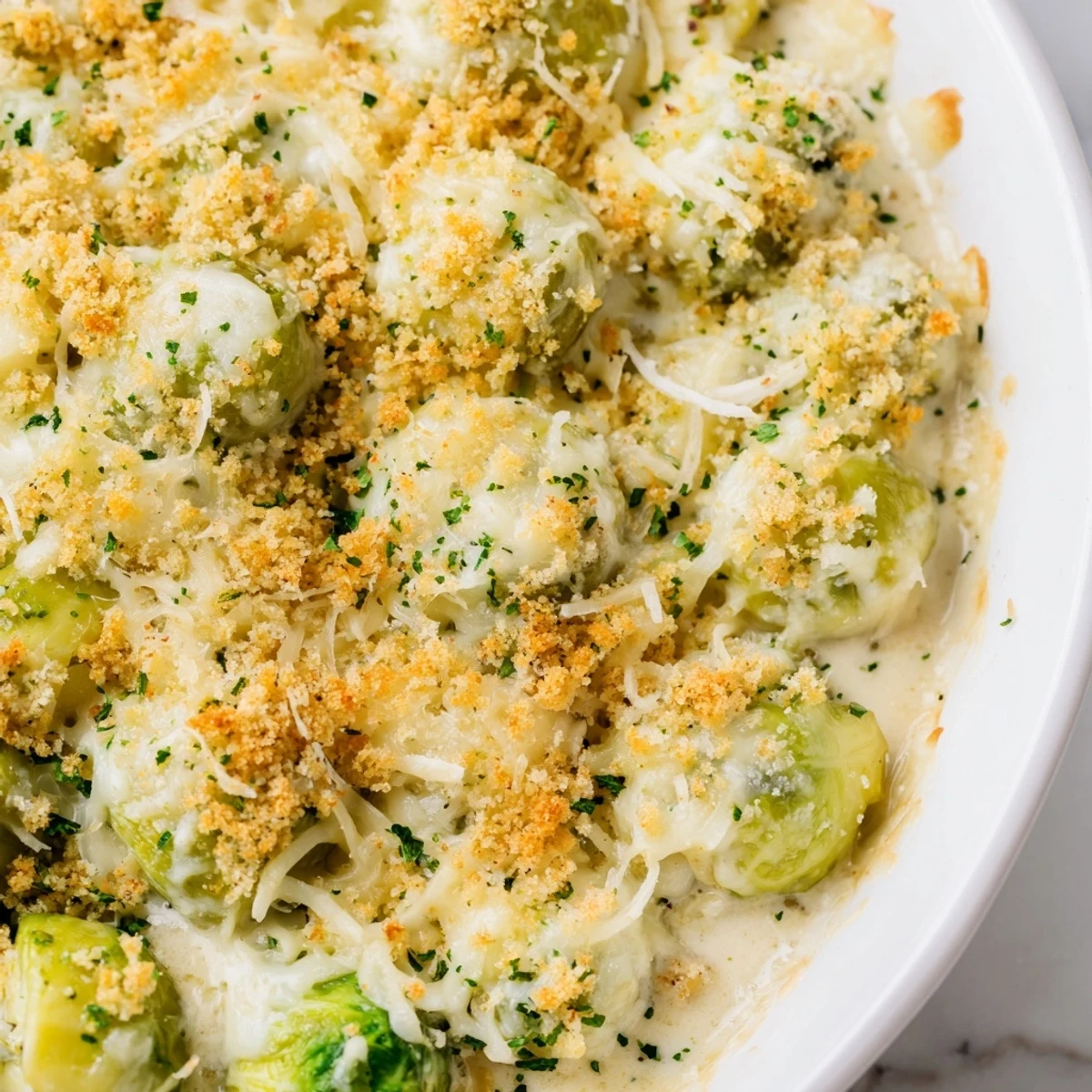 Golden brown creamy Parmesan Brussels sprouts casserole topped with melted cheese and crispy breadcrumbs