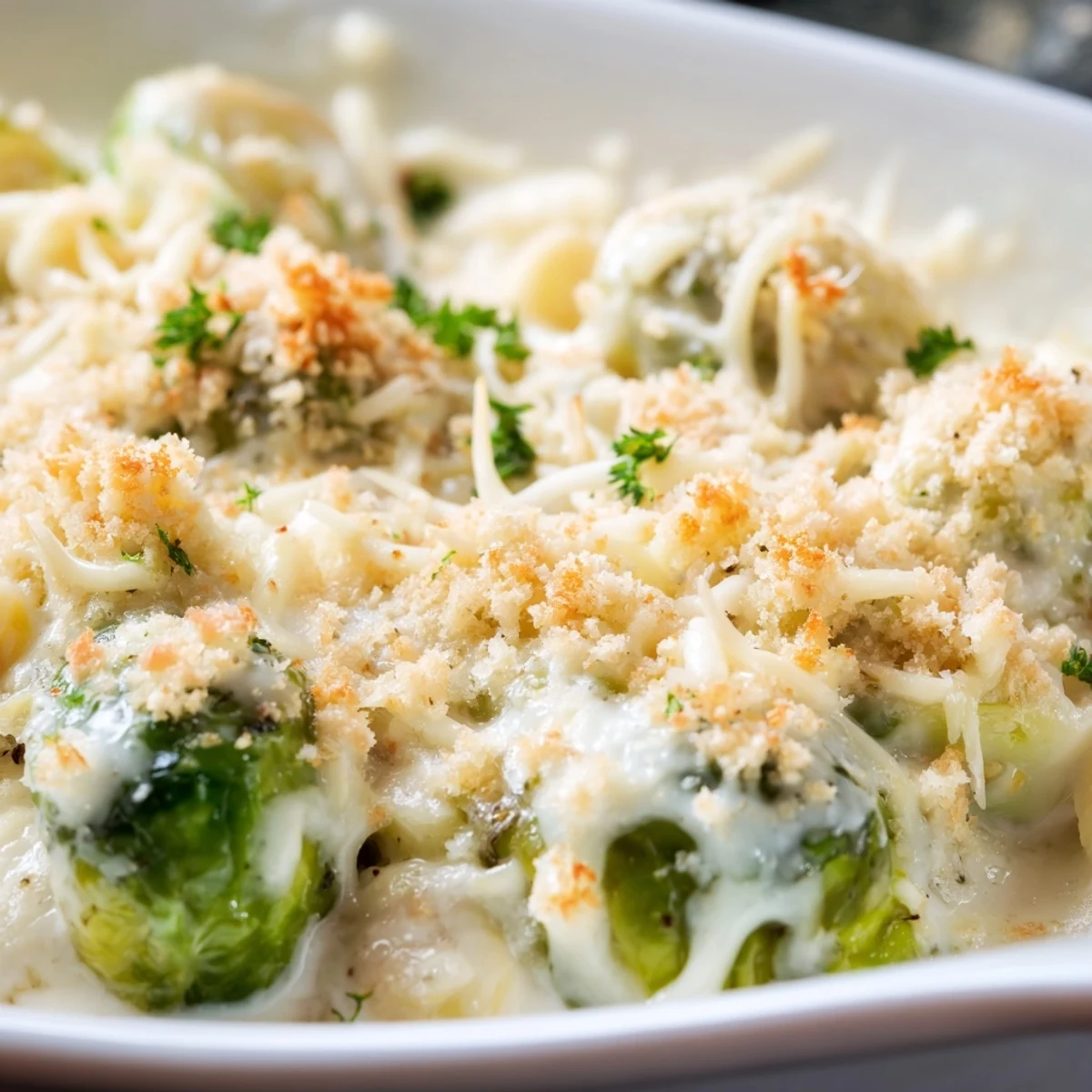 Oven-fresh Brussels sprouts casserole with golden mozzarella crust and fresh parsley garnish