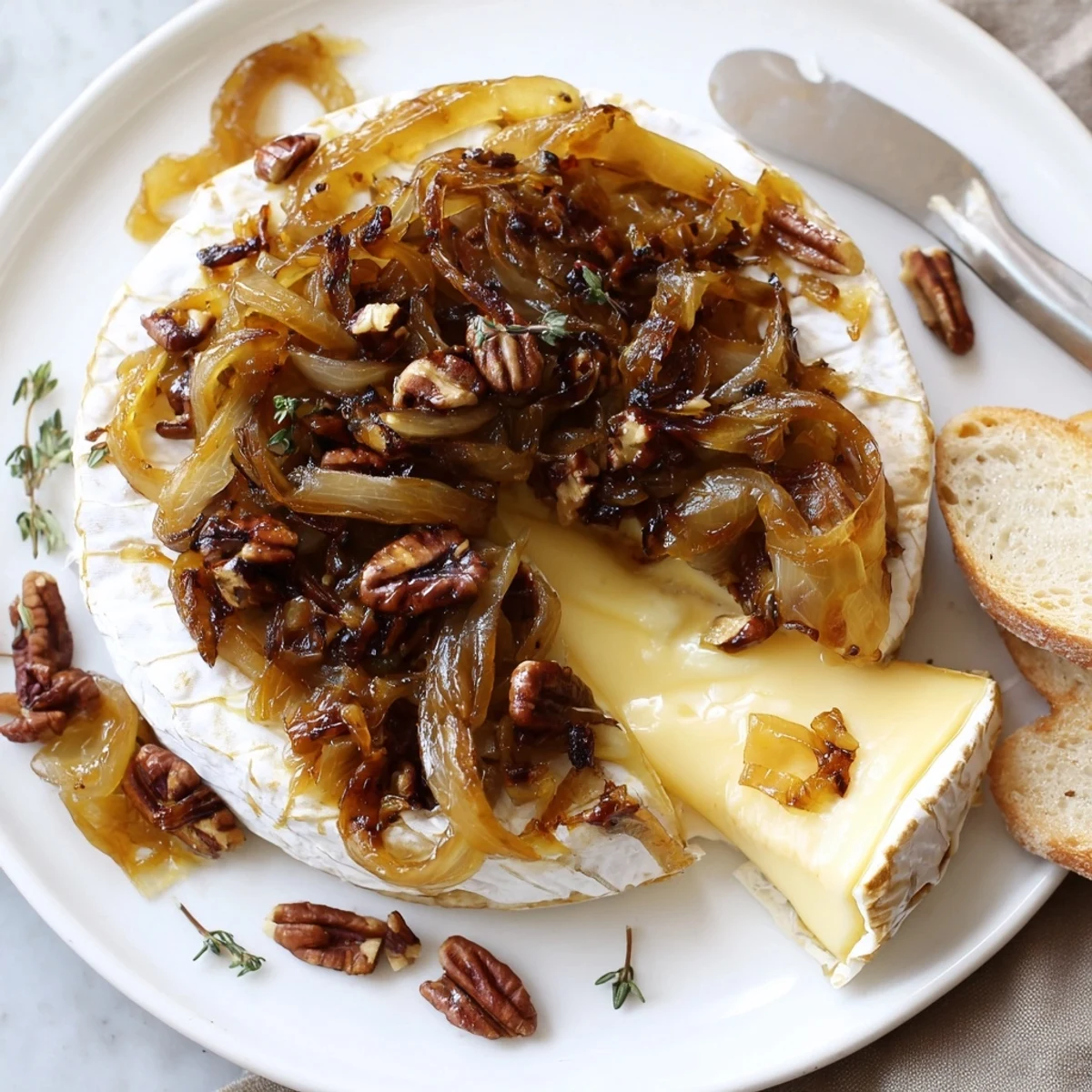 Warm, gooey Baked Brie With Caramelized Onions And Pecans topped with glossy onions