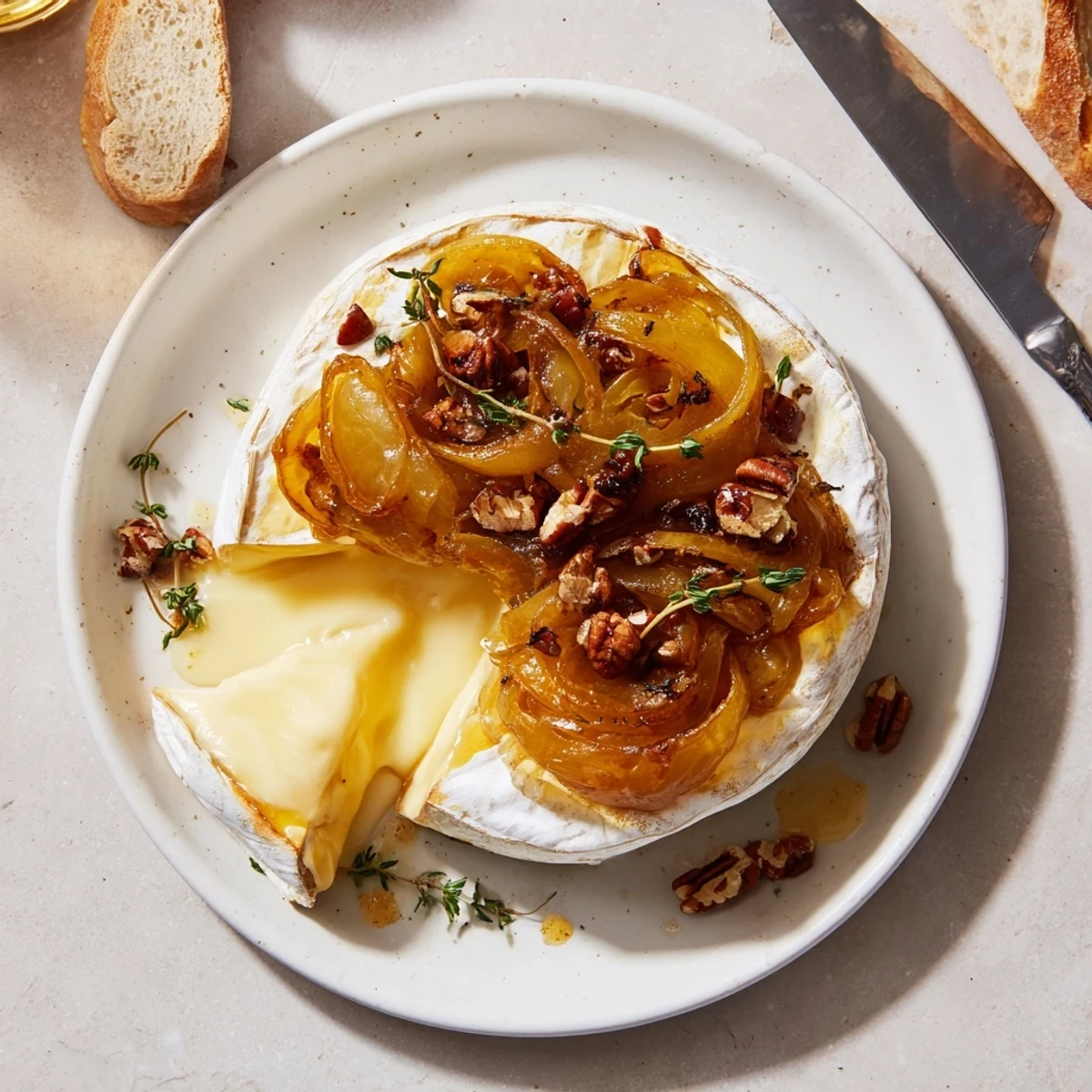 Baked Brie With Caramelized Onions And Pecans served with sliced baguette, fragrant thyme